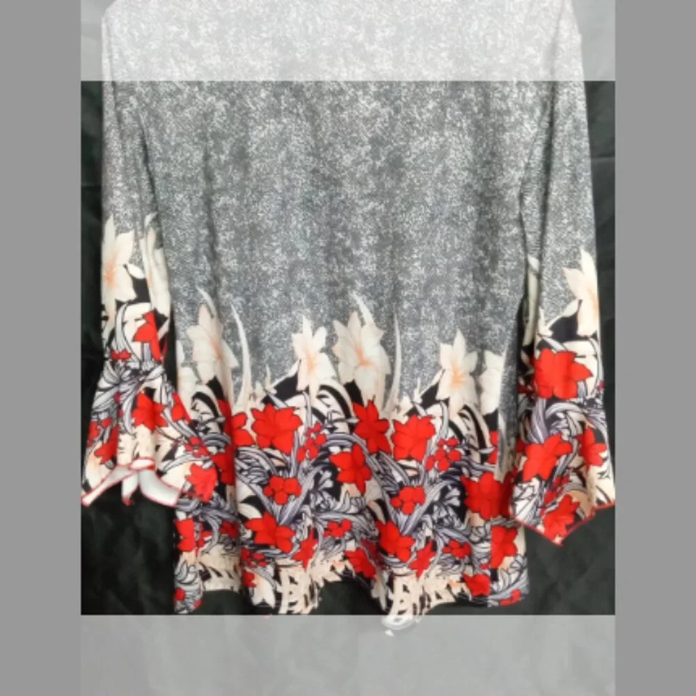 Women's Floral Red black & Gray /Flare Sleeve Bohemian Blouse. - Picture 5 of 6